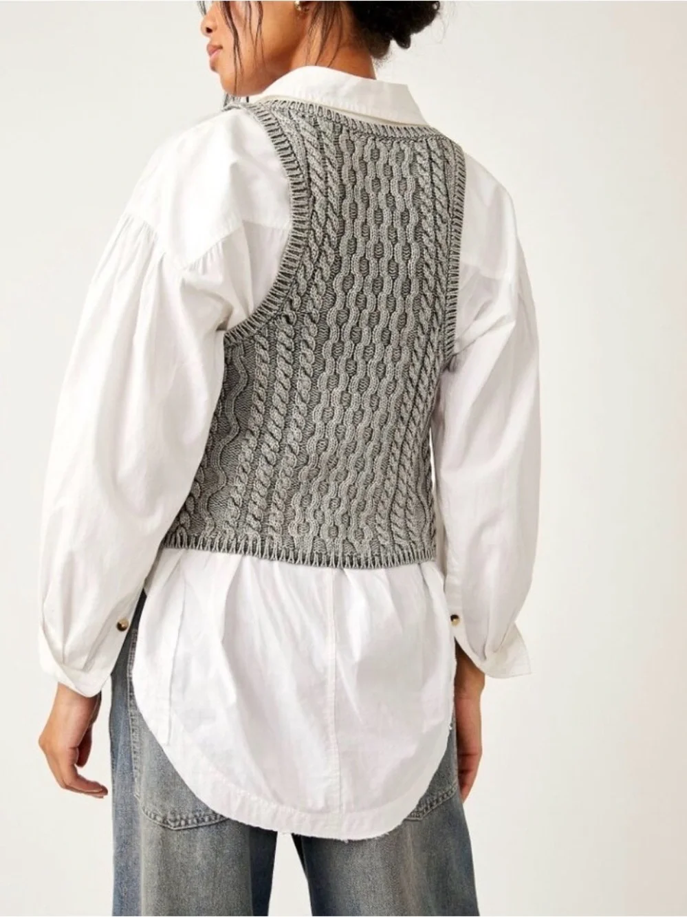 NWT Free People Cable Knit Sweater Tank Gray Cotton Scoop Neck Slouchy Top S
